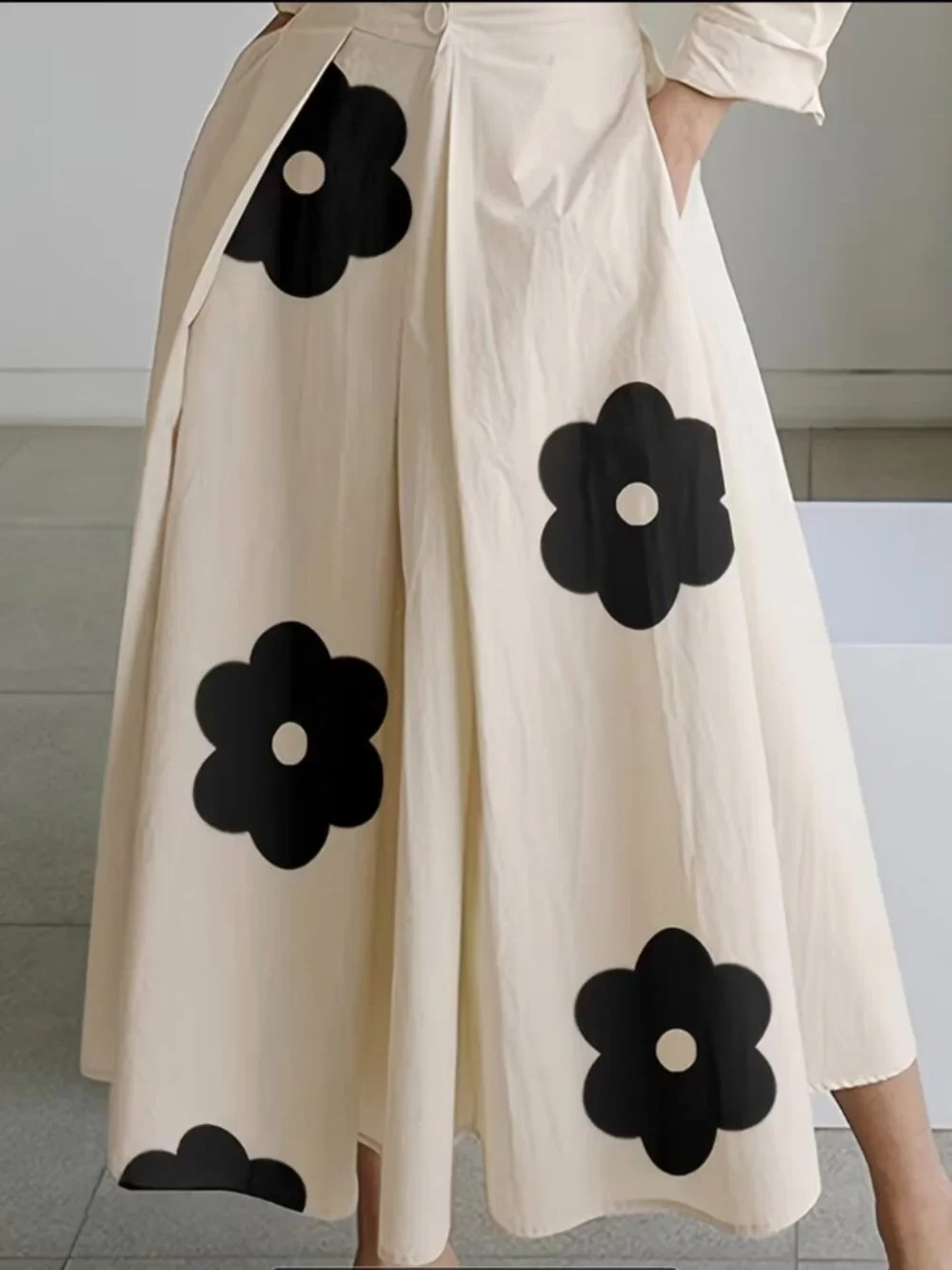 Long Sleeves Loose Contrast Color Floral Printed Pleated Tie Waist Lapel Midi
